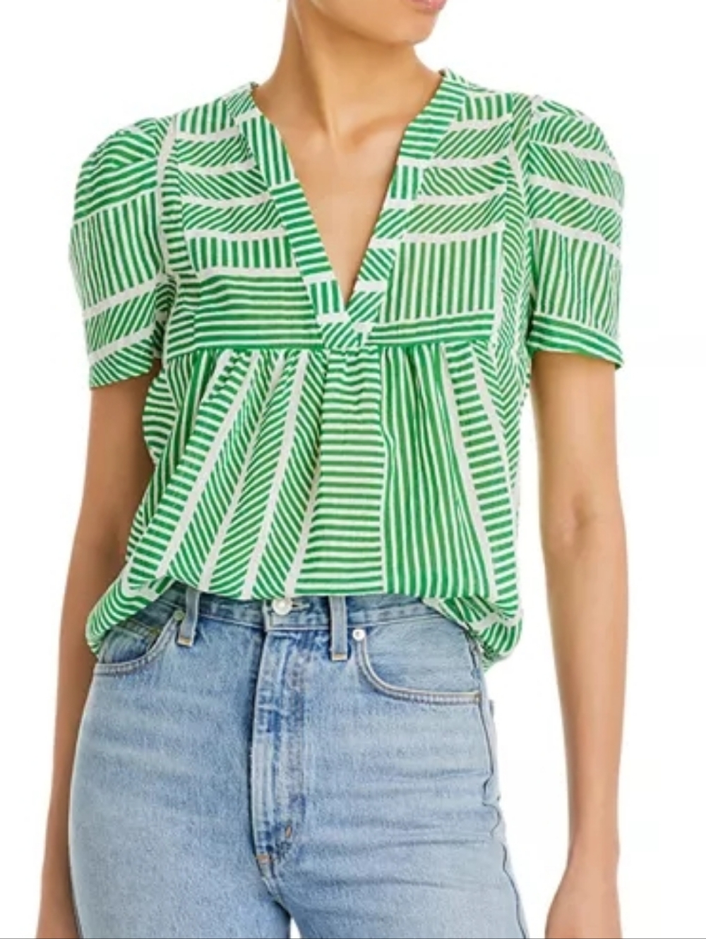 Aqua Striped Lightweight Short Sleeve Boxy Fit V-Neck Top, Size Large, NWOT!